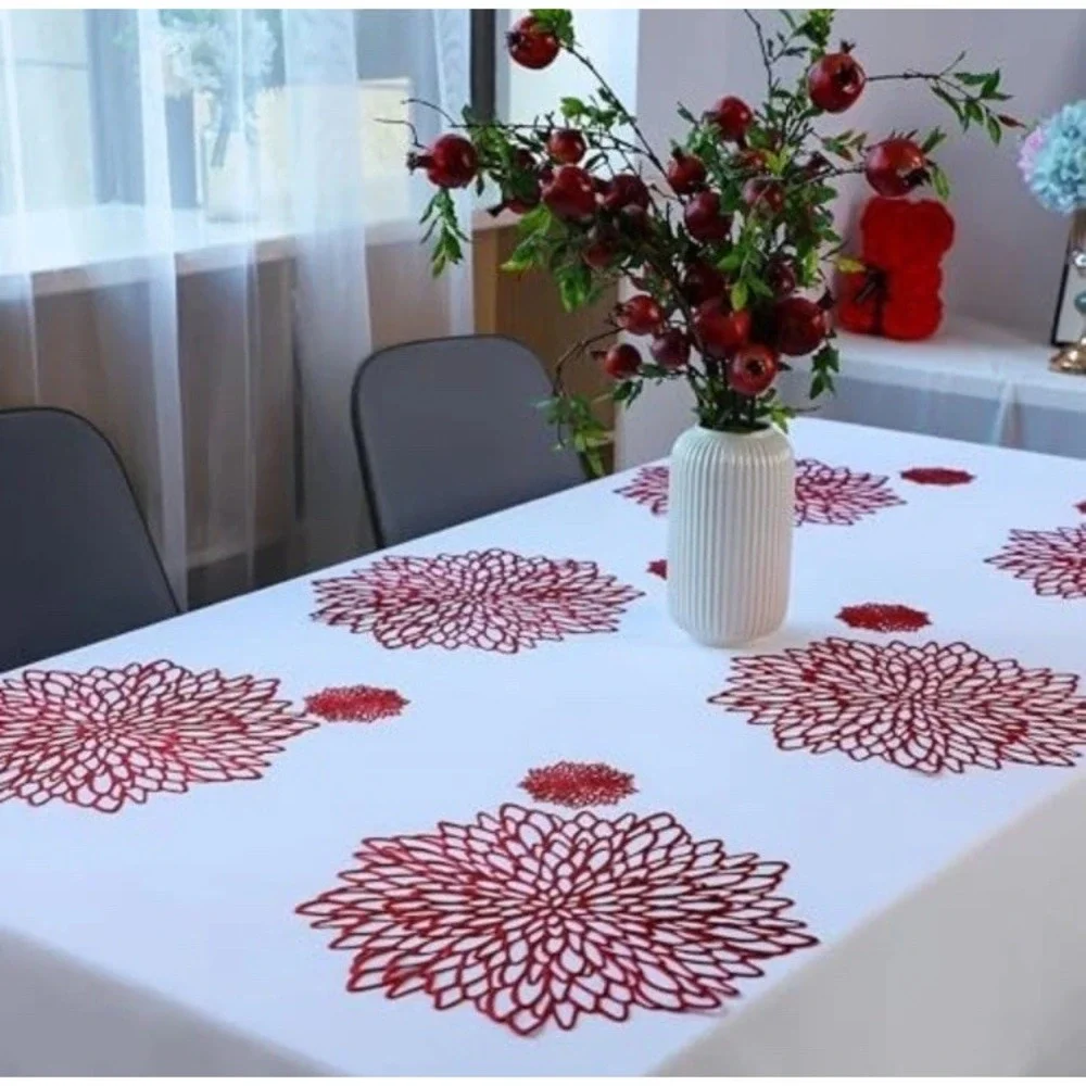Placemats Pressed Vinyl Metallic Shiny Floral Dinning Mats Round Leaf 18 Red